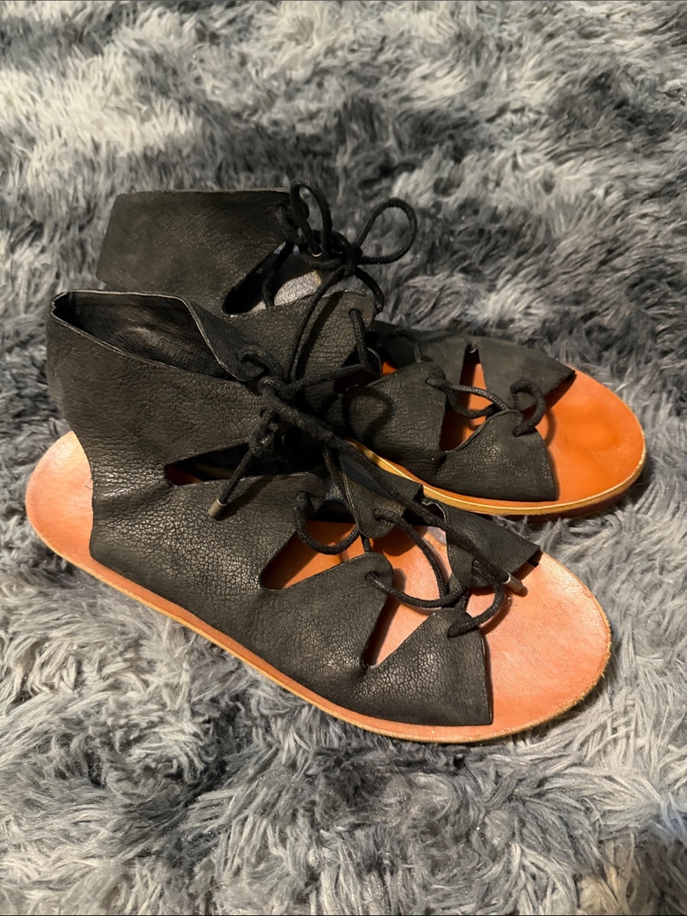 Women’s Black Lace-Up Cutout Sandals with Tan Footbed